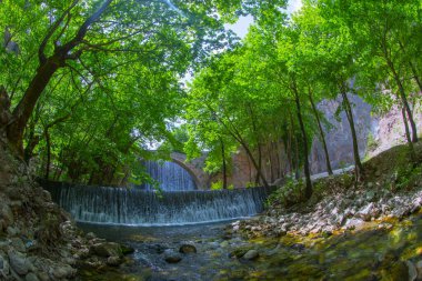 Paleokarya, eski, taş, iki şelaleler arasında köprü kemerli. Tırhala ili, Thessaly, Yunanistan