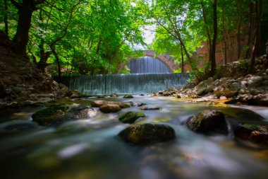 Paleokarya, eski, taş, iki şelaleler arasında köprü kemerli. Tırhala ili, Thessaly, Yunanistan