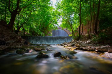 Paleokarya, eski, taş, iki şelaleler arasında köprü kemerli. Tırhala ili, Thessaly, Yunanistan