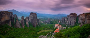 Meteora landmark canyon, Kalambaka, Greece, shadows, meandering road, bridge, mountains like pillars