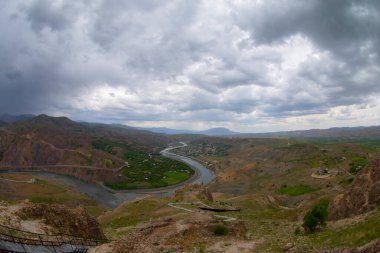 The natural rock structure of the Palu Valley and the view of the Murat river. Elazig, Turkey