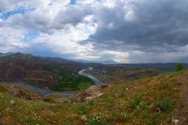 The natural rock structure of the Palu Valley and the view of the Murat river. Elazig, Turkey