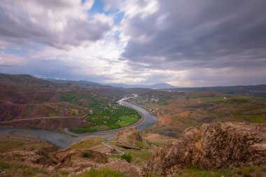 The natural rock structure of the Palu Valley and the view of the Murat river. Elazig, Turkey