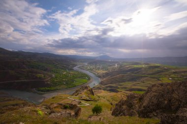 The natural rock structure of the Palu Valley and the view of the Murat river. Elazig, Turkey