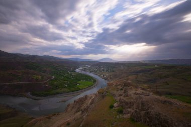 The natural rock structure of the Palu Valley and the view of the Murat river. Elazig, Turkey
