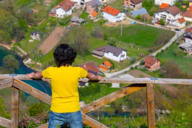 Aerial drone view Bihac and Una river in Bosnia and Herzegovina. Buildings, streets and residential houses. Biha is a town and municipality in western BiH.