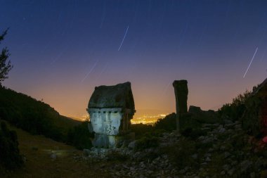 Ancient Lycian Column Tomb, night star photos Pnara, Fethiye, Turkey