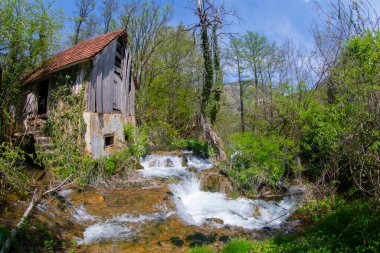 Old mill in the Una National Park. The Una River flows under the mill. Summer landscape in the National Park.
