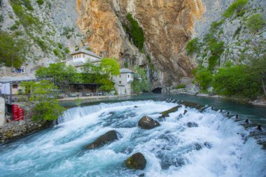 Beautiful village Blagaj and waterfall on Buna spring and waterfall in Bosnia and Herzegovina