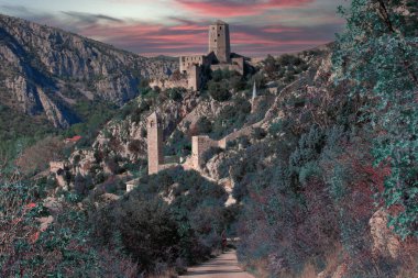 Pocitelj, Ottoman Empire Village. Citadel, Old Stone Walls. Neretva River. Forest and Trees on the Background. Balkan village. Bosnia and Herzegovina.