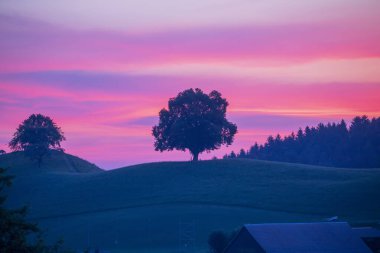 The beautiful village of Hirzel with green meadows and farmlands on the slopes, Canton of Zug, Switzerland, Europe.