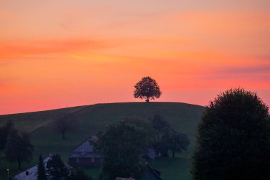 The beautiful village of Hirzel with green meadows and farmlands on the slopes, Canton of Zug, Switzerland, Europe.