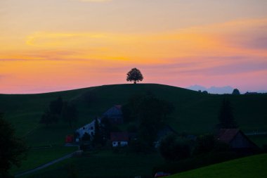 The beautiful village of Hirzel with green meadows and farmlands on the slopes, Canton of Zug, Switzerland, Europe.