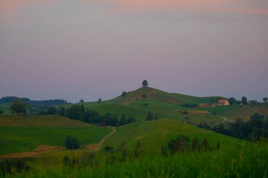 The beautiful village of Hirzel with green meadows and farmlands on the slopes, Canton of Zug, Switzerland, Europe.