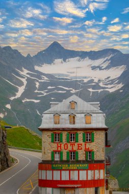 The old and closed mountain hotel Belvedere located near the Rhone Glacier at the Furka Pass, Switzerland, Europe