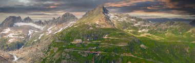 The old and closed mountain hotel Belvedere located near the Rhone Glacier at the Furka Pass, Switzerland, Europe
