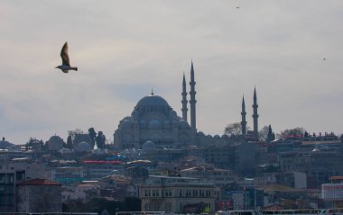 Günbatımı İstanbul, Türkiye 'de Süleyman Camii (Osmanlı İmparatorluğu Camii) ile birlikte. İstanbul 'daki Galata Köprüsü' nden görüntü. TÜRK