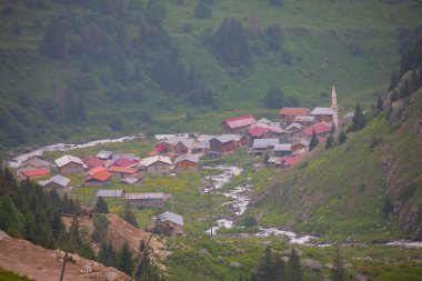 Camlihemsin 'deki Ayder Platosu. Güneş doğarken panoramik tahta kiraz manzarası. Hindi yolculuğu. Ayder Platosu 'nun 1350 metre yüksekliğindeki ahşap dağ evleri ile geniş bir çayır alanı vardır. Rize, Türkiye