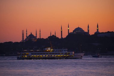 The most beautiful view of Istanbul, sunset and mosques, sea of Marmara and ferries