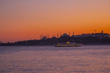 The most beautiful view of Istanbul, sunset and mosques, sea of Marmara and ferries