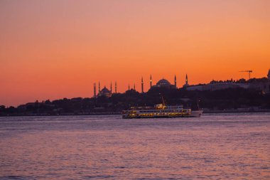The most beautiful view of Istanbul, sunset and mosques, sea of Marmara and ferries