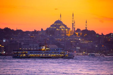 The most beautiful view of Istanbul, sunset and mosques, sea of Marmara and ferries