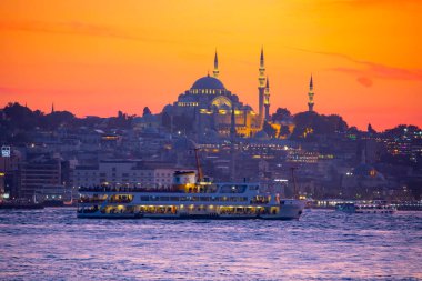 The most beautiful view of Istanbul, sunset and mosques, sea of Marmara and ferries