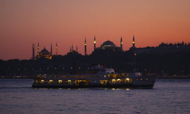The most beautiful view of Istanbul, sunset and mosques, sea of Marmara and ferries