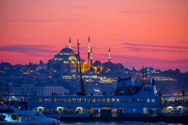 The most beautiful view of Istanbul, sunset and mosques, sea of Marmara and ferries