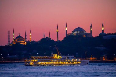 The most beautiful view of Istanbul, sunset and mosques, sea of Marmara and ferries