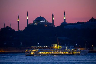 The most beautiful view of Istanbul, sunset and mosques, sea of Marmara and ferries