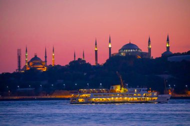 The most beautiful view of Istanbul, sunset and mosques, sea of Marmara and ferries