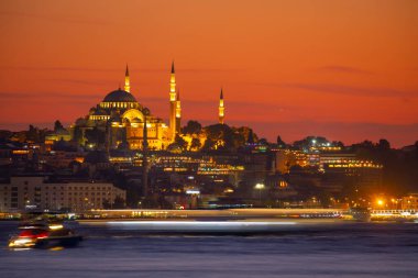 The most beautiful view of Istanbul, sunset and mosques, sea of Marmara and ferries