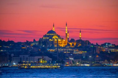 The most beautiful view of Istanbul, sunset and mosques, sea of Marmara and ferries