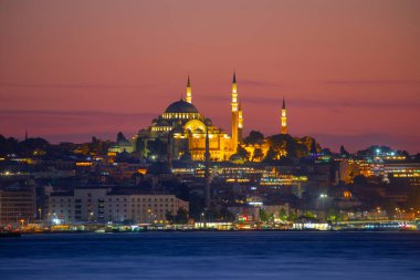 The most beautiful view of Istanbul, sunset and mosques, sea of Marmara and ferries