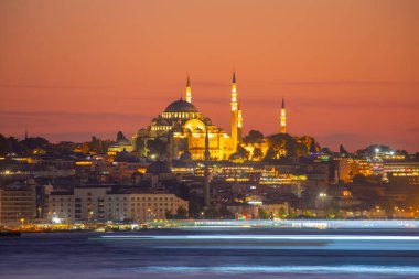 The most beautiful view of Istanbul, sunset and mosques, sea of Marmara and ferries