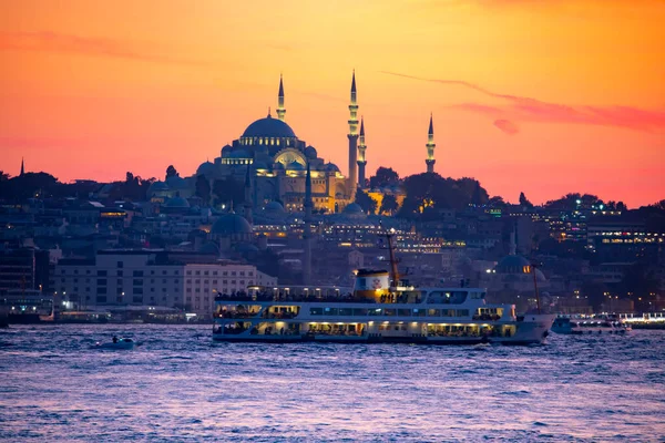 The most beautiful view of Istanbul, sunset and mosques, sea of Marmara and ferries