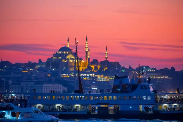 The most beautiful view of Istanbul, sunset and mosques, sea of Marmara and ferries
