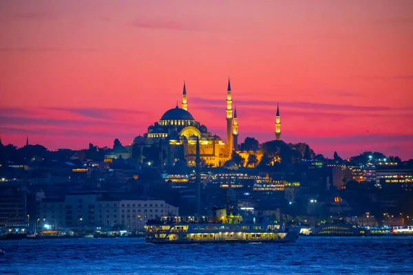 The most beautiful view of Istanbul, sunset and mosques, sea of Marmara and ferries