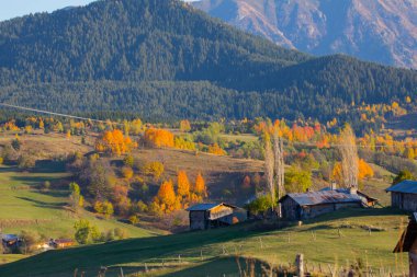 Karadeniz 'deki Karadeniz' de sonbahar renkli manzaralar Maden köyü Savsat, Artvin 'de güzel bir sonbahar günbatımında