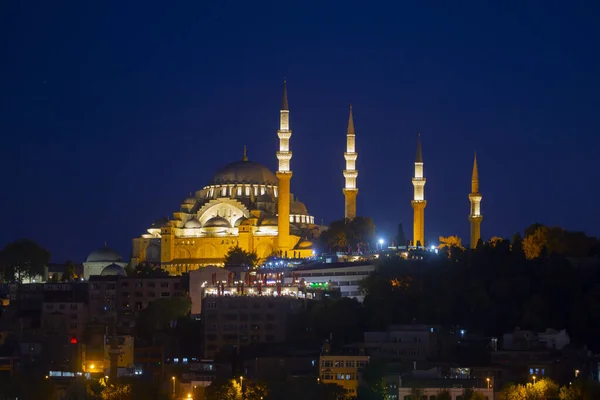 Suleymaniye Mosque Night Illumination Minaret Rustem Pasha Mosque Istanbul Turkey — Φωτογραφία Αρχείου