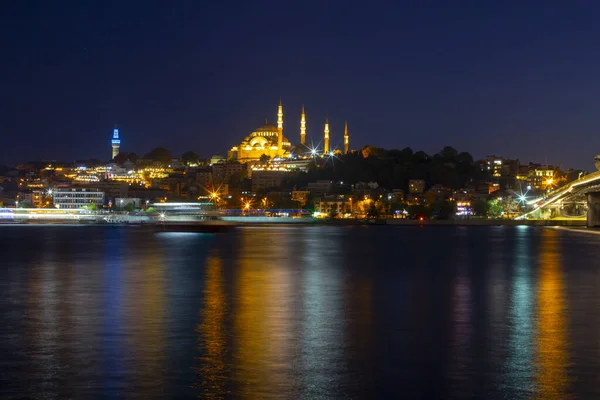 Suleymaniye Mosque Night Illumination Minaret Rustem Pasha Mosque Istanbul Turkey — Φωτογραφία Αρχείου