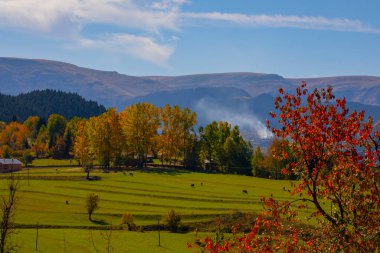 Artvin Dağları. Sahra platosunun sabah ışığı manzarası. Türkiye 'nin kuzeyinde seyahat yerleri. Savsat bölgesi yakınlarındaki geleneksel Karadeniz ahşap evleri.