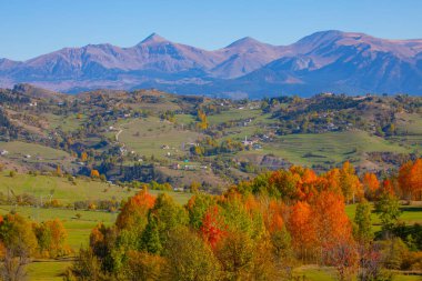 Artvin Dağları. Sahra platosunun sabah ışığı manzarası. Türkiye 'nin kuzeyinde seyahat yerleri. Savsat bölgesi yakınlarındaki geleneksel Karadeniz ahşap evleri.