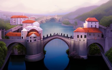 Mostar, Bosna-Hersek. Eski Köprü, Stari Most, zümrüt nehri Neretva ile, 