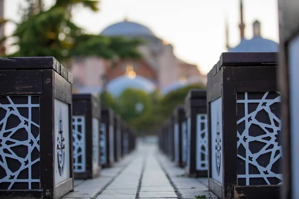 Santa Sofía Monumento Religioso Antiguo Estambul Atardecer Vista Panorámica Mezquita — Foto de Stock