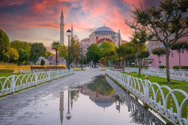 stock image Hagia Sophia is an ancient religion landmark of Istanbul on sunset. Panoramic view on Turkish Mosque with foth minarets. Ayasofya was the greatest Christian temple of Byzantium Empire.