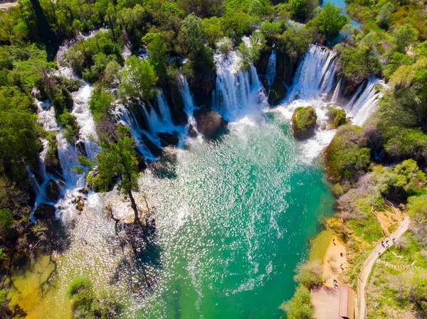 Drone Cima Para Baixo Vista Cachoeiras Pitorescas Kravice Bósnia Herzegovina — Fotografia de Stock