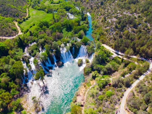 Dron Powietrza Góry Dół Widok Malowniczych Wodospadów Kravice Bośni Hercegowinie — Zdjęcie stockowe