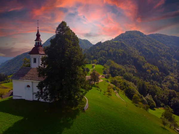 stock image Aerial view of the church sv. Tomaz, Slovenia.